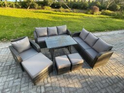 Rackhams Wicker 7 Pieces Rattan Garden Furniture Sofa Set with Rectangular Dining Table Armchair 3 Footstools Dark Grey Mixed - thumbnail 1