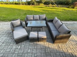 Rackhams Wicker 7 Pieces Rattan Garden Furniture Sofa Set with Rectangular Dining Table Armchair 3 Footstools Dark Grey Mixed - thumbnail 2