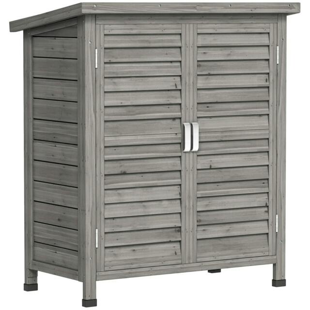 Rackhams Garden Shed Wooden Garden Storage Shed 2 Door Unit Solid Fir Wood Garage Tool Organisation Cabinet, 87L x 46.5W x 96.5Hcm, Grey - image 1