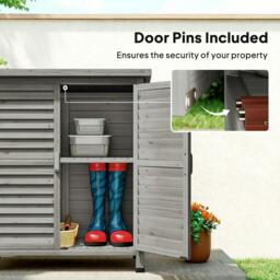 Rackhams Garden Shed Wooden Garden Storage Shed 2 Door Unit Solid Fir Wood Garage Tool Organisation Cabinet, 87L x 46.5W x 96.5Hcm, Grey - thumbnail 6