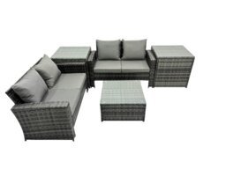 Rackhams PE Rattan Garden Furniture Set Lounge Double Seat Sofa Coffee Table Set with 2 Side Tables Dark Grey Mixed - thumbnail 2