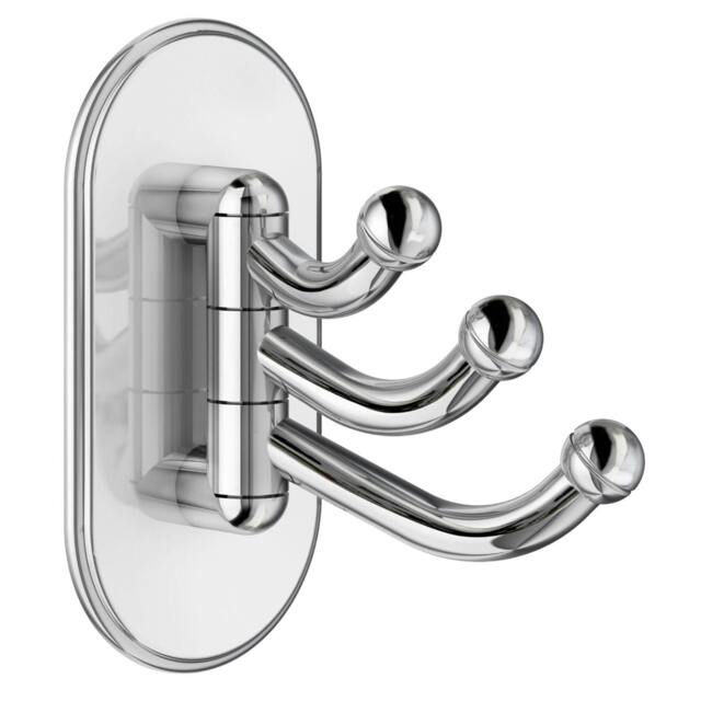 Rackhams Polished Chrome Triple Swinging Towel Hook (48 x 96mm) Self Adhesive Bathroom Wall Mounted - image 1