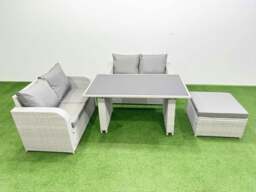 Rackhams 4 Pieces Outdoor PE Rattan Sofa Set Patio Garden Furniture Sets with Cushions Big Stool Light Grey