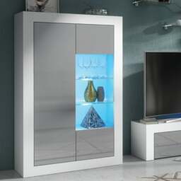 Rackhams Elegant 140cm Cabinet Sideboard with Grey High Gloss Doors and Free LED Display - 140 cm  - White Matt Body & Grey Gloss Doors - 1