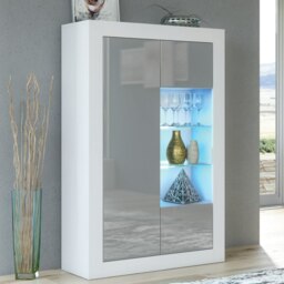 Rackhams Elegant 140cm Cabinet Sideboard with Grey High Gloss Doors and Free LED Display - 140 cm  - White Matt Body & Grey Gloss Doors - 1 - thumbnail 2