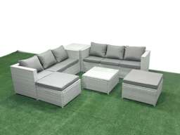 Rackhams Rattan Garden Outdoor Furniture Set 8 Seater Rattan Garden Sofa Set with 2 Big Footstools Side Table Light Grey Mixed - thumbnail 1