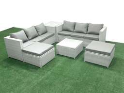 Rackhams Rattan Garden Outdoor Furniture Set 8 Seater Rattan Garden Sofa Set with 2 Big Footstools Side Table Light Grey Mixed - thumbnail 2