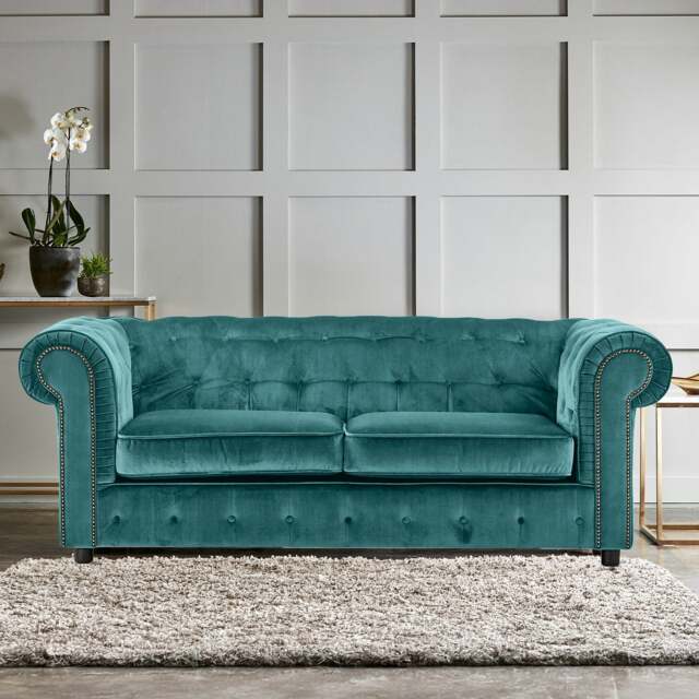 Rackhams Ashbourne Chesterfield Plush Velvet 3 Seater - Teal - image 1