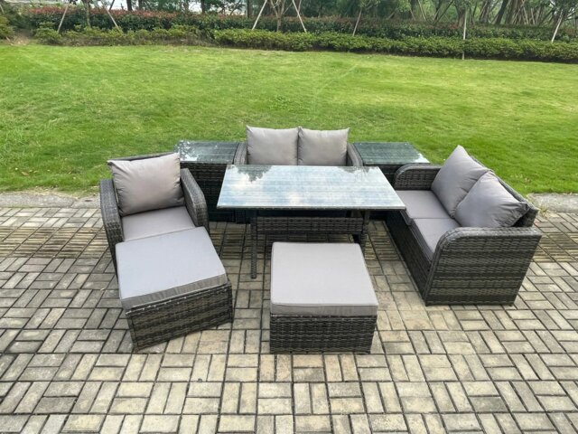Rackhams 7 Seater Dark Grey Mixed Rattan Outdoor Dining Set - Oblong/Rectangular Table, Chairs, 2 Footstools & 2 Side Tables - image 1