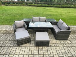 Rackhams 7 Seater Dark Grey Mixed Rattan Outdoor Dining Set - Oblong/Rectangular Table, Chairs, 2 Footstools & 2 Side Tables - thumbnail 1