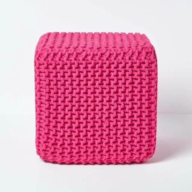 Rackhams Cube Cotton Knitted Pouffe Footstool Bean Filled Hand Knitted - Hot Pink - image 1