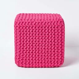 Rackhams Cube Cotton Knitted Pouffe Footstool Bean Filled Hand Knitted - Hot Pink
