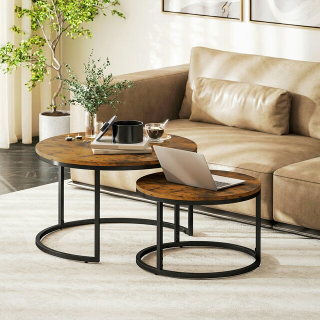 Rackhams 2 Pcs Stacking Coffee Table Set with Steel Frame, Rustic Brown - Rustic brown wood-effect - 44.7 cm (large), 34.7 cm (small) - Steel, MDF - image 1