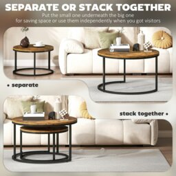 Rackhams 2 Pcs Stacking Coffee Table Set with Steel Frame, Rustic Brown - Rustic brown wood-effect - 44.7 cm (large), 34.7 cm (small) - Steel, MDF - thumbnail 5