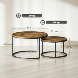 Rackhams 2 Pcs Stacking Coffee Table Set with Steel Frame, Rustic Brown - Rustic brown wood-effect - 44.7 cm (large), 34.7 cm (small) - Steel, MDF - thumbnail 3