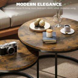Rackhams 2 Pcs Stacking Coffee Table Set with Steel Frame, Rustic Brown - Rustic brown wood-effect - 44.7 cm (large), 34.7 cm (small) - Steel, MDF - thumbnail 4