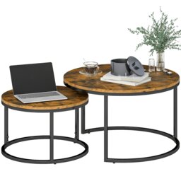 Rackhams 2 Pcs Stacking Coffee Table Set with Steel Frame, Rustic Brown - Rustic brown wood-effect - 44.7 cm (large), 34.7 cm (small) - Steel, MDF - thumbnail 2