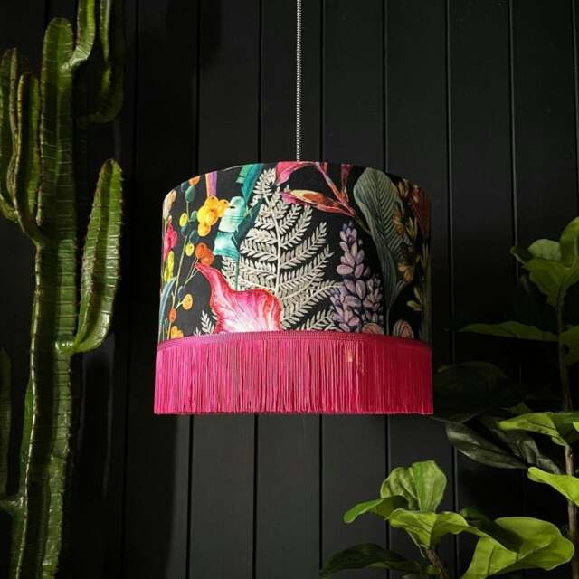 "Rackhams Acid Jungle Lampshade With Hot Pink Fringing - Table / Floor Lamp - 35cm Diameter x 25cm Height (14"" x 10"")" - image 1