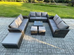 Rackhams 12 Seater Rattan Outdoor Furniture Set Patio Garden Sofa Set with Square Coffee Table 3 Seater Sofa 3 Footstools Dark Grey Mixed - thumbnail 1