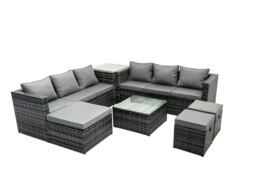 Rackhams Outdoor Rattan Garden Furniture Set 9 Seater Patio Lounge Sofa Set with Square Coffee Table Side Table 3 Footstools Dark Grey Mixed - thumbnail 2
