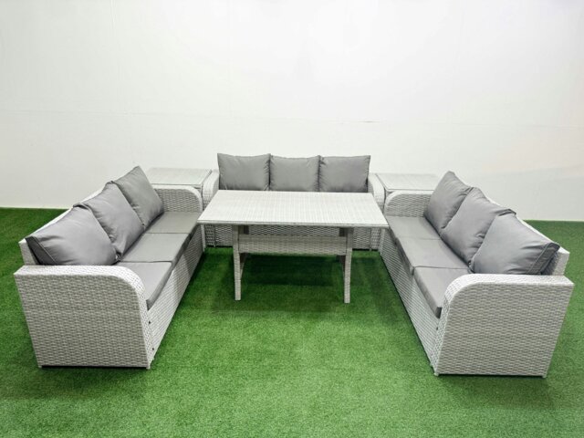 Rackhams PE Rattan Lounge Sofa Set 9 Seater Outdoor Garden Furniture Set with Rectangular Dining Table 3 Seater Sofa 2 Side Table Light Grey - image 1