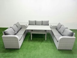 Rackhams PE Rattan Lounge Sofa Set 9 Seater Outdoor Garden Furniture Set with Rectangular Dining Table 3 Seater Sofa 2 Side Table Light Grey - thumbnail 1