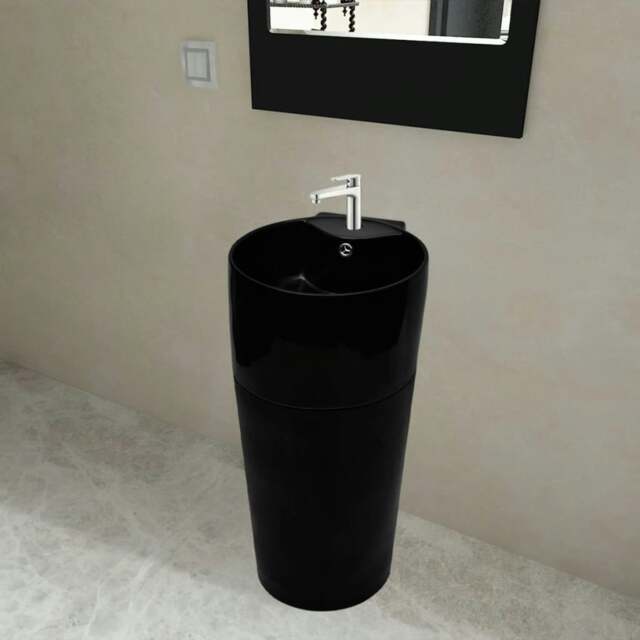 Rackhams Ceramic Stand Bathroom Sink Basin Faucet/Overflow Hole Black Round