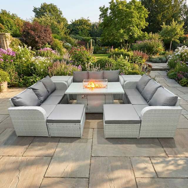 Rackhams 11 Seater Rattan Outdoor Garden Furniture Set with Fire Pit Dining Table, 3 Sofas, 2 Footstools, 2 Side Tables - Light Grey - image 1