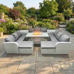 Rackhams 11 Seater Rattan Outdoor Garden Furniture Set with Fire Pit Dining Table, 3 Sofas, 2 Footstools, 2 Side Tables - Light Grey - thumbnail 1