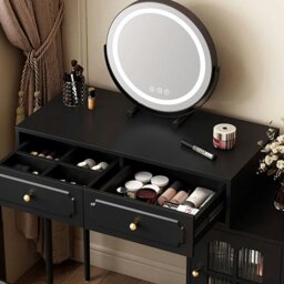 Rackhams Scarlett Dressing Table With Side Cabinet & LED Mirror, Black - 80cm - Cream - NO Chair - thumbnail 4