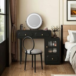 Rackhams Scarlett Dressing Table With Side Cabinet & LED Mirror, Black - 80cm - Cream - NO Chair - thumbnail 3