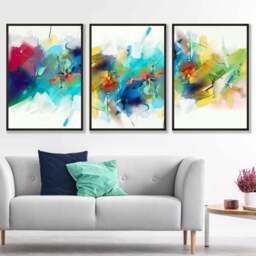 Rackhams Set of 3 Abstract Multicolour Blue Pink Framed Wall Art Prints - 50x70cm - Black - thumbnail 2