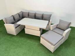 Rackhams 8 Seat Rattan Outdoor Garden Furniture Corner Sofa Set Adjustable Lifting Dining or Coffee Table Set with Footstool Light Grey - thumbnail 2