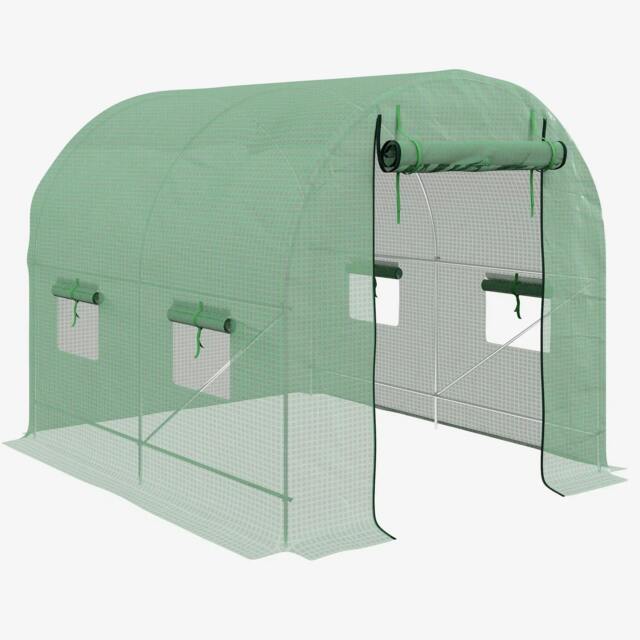 Rackhams Walk-In Garden Polytunnel Greenhouse with Steel Frame, PE Cover, Roll-Up Door and 4 Windows, 2.5 x 2m, Green - image 1