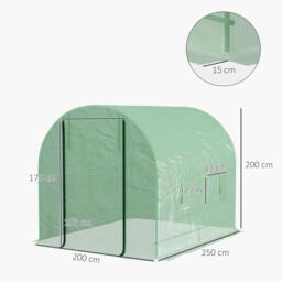 Rackhams Walk-In Garden Polytunnel Greenhouse with Steel Frame, PE Cover, Roll-Up Door and 4 Windows, 2.5 x 2m, Green - thumbnail 2