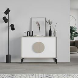 Rackhams Gora Sideboard Modern Storage Cabinet with 2 Pull-open Doors Metal Legs 110cm Width - White Mocha Grey