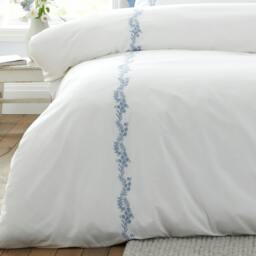 Rackhams Camille Embroidered Floral 200 Thread Count Cotton Duvet Cover Set White / Blue - King - White / Blue - thumbnail 4