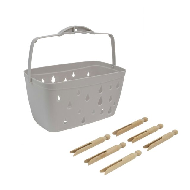 Rackhams Plastic Peg Basket, Grey with 48 Wooden Dolly Pegs, Brown - image 1