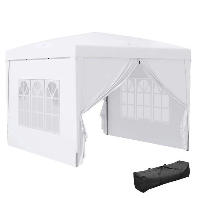 Rackhams 3 x 3m Pop Up Gazebo, Wedding Party Canopy Tent Marquee with Carry Bag and Windows, White - image 1