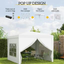Rackhams 3 x 3m Pop Up Gazebo, Wedding Party Canopy Tent Marquee with Carry Bag and Windows, White - thumbnail 5