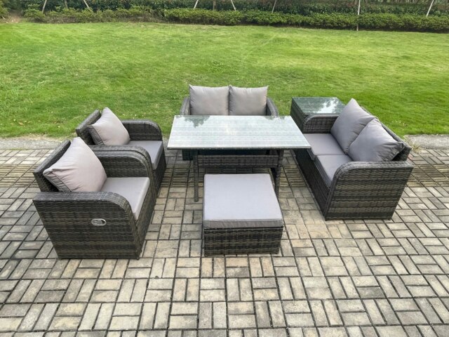 Rackhams Rattan Outdoor Furniture Garden Dining Set Rectangular Table and Chair Sofa Set With Side Table Big Footstool Dark Grey Mixed - image 1