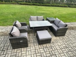 Rackhams Rattan Outdoor Furniture Garden Dining Set Rectangular Table and Chair Sofa Set With Side Table Big Footstool Dark Grey Mixed - thumbnail 2