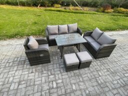 Rackhams 8 Seater Outdoor Rattan Garden Furniture Set Patio Lounge Sofa Set with Dining Table 2 Small Footstools Dark Grey Mixed - thumbnail 2