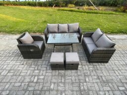 Rackhams 8 Seater Outdoor Rattan Garden Furniture Set Patio Lounge Sofa Set with Dining Table 2 Small Footstools Dark Grey Mixed - thumbnail 1