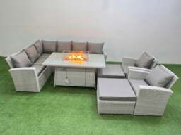 Rackhams Outdoor Furniture Garden Dining Set Rattan Corner Sofa Chair Sets Gas Fire Pit Table with Temper Glass Footstools 10 Seater Light Grey Mixed - thumbnail 2