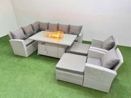 Rackhams Outdoor Furniture Garden Dining Set Rattan Corner Sofa Chair Sets Gas Fire Pit Table with Temper Glass Footstools 10 Seater Light Grey Mixed - thumbnail 1