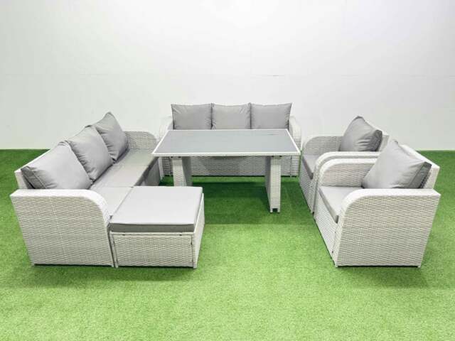 Rackhams 9 Seater Wicker PE Rattan Furniture Outdoor Dining Table 3 Seater Sofa Reclining Chair Set with Big Stool Light Grey - image 1