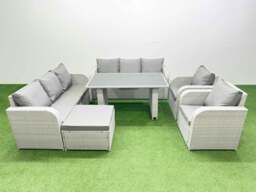 Rackhams 9 Seater Wicker PE Rattan Furniture Outdoor Dining Table 3 Seater Sofa Reclining Chair Set with Big Stool Light Grey - thumbnail 1