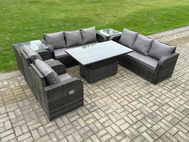 Rackhams Dark Grey Mixed PE Rattan Outdoor Dining Set - Height Adjustable Lifting Table, Reclining Chair & 2 Side Tables - image 1