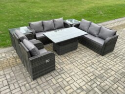 Rackhams Dark Grey Mixed PE Rattan Outdoor Dining Set - Height Adjustable Lifting Table, Reclining Chair & 2 Side Tables - thumbnail 1